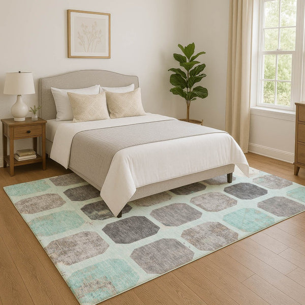 HomeRoots 9' X 12' Teal Gray Ivory Geometric Area Rug – Washable, UV Protected, Perfect for Busy Homes! 709215