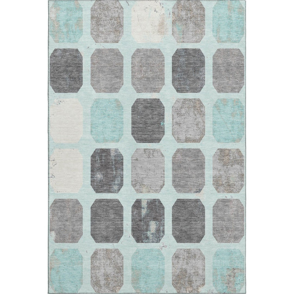 HomeRoots 9' X 12' Teal Gray Ivory Geometric Area Rug – Washable, UV Protected, Perfect for Busy Homes! 709215