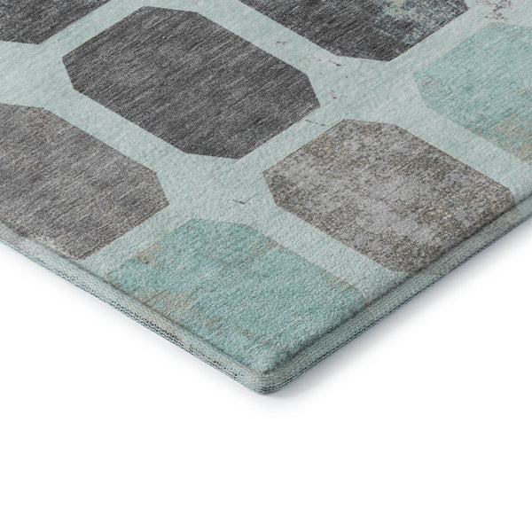 HomeRoots 9' X 12' Teal Gray Ivory Geometric Area Rug – Washable, UV Protected, Perfect for Busy Homes! 709215