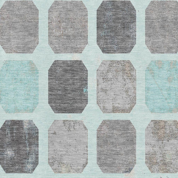 HomeRoots 9' X 12' Teal Gray Ivory Geometric Area Rug – Washable, UV Protected, Perfect for Busy Homes! 709215