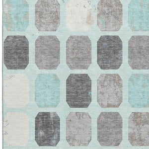 HomeRoots 9' X 12' Teal Gray Ivory Geometric Area Rug – Washable, UV Protected, Perfect for Busy Homes! 709215