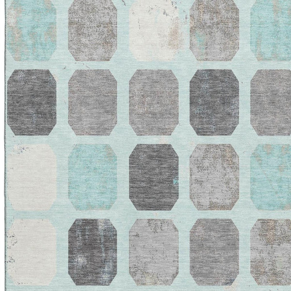 HomeRoots 9' X 12' Teal Gray Ivory Geometric Area Rug – Washable, UV Protected, Perfect for Busy Homes! 709215
