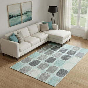 HomeRoots 10' X 14' Teal Gray & Ivory Geometric Area Rug - Washable, UV Protected, Non-Slip for Busy Homes 709216