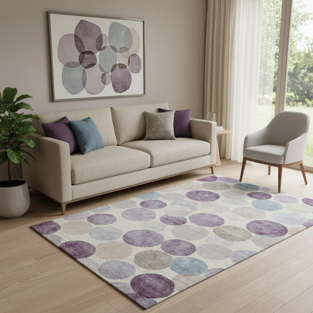 HomeRoots 8' Stylish Washable Round Rug in Plum, Beige & Blue - UV Protectant, Stain Resistant, Family Friendly 709219