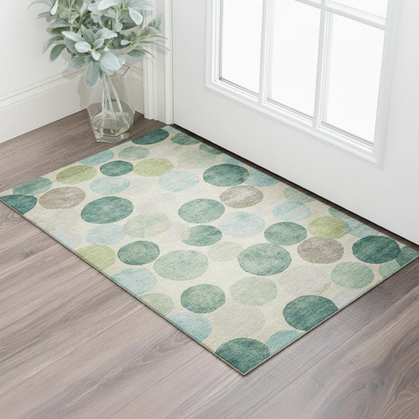 HomeRoots 5' X 8' Teal Green & Ivory Geometric Area Rug - Washable, UV Protected, Durable for Busy Homes 709224