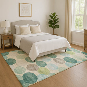 HomeRoots 5' X 8' Teal Green & Ivory Geometric Area Rug - Washable, UV Protected, Durable for Busy Homes 709224