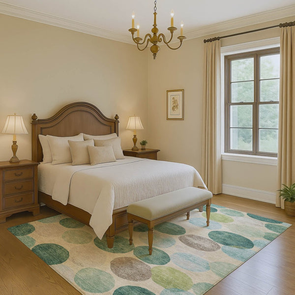 HomeRoots 5' X 8' Teal Green & Ivory Geometric Area Rug - Washable, UV Protected, Durable for Busy Homes 709224