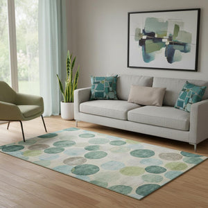 HomeRoots 8' Teal Green and Ivory Geometric Round Rug – Washable, UV-Protected, Non-Slip for High-Traffic Spaces 709225