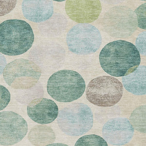 HomeRoots 8' Teal Green and Ivory Geometric Round Rug – Washable, UV-Protected, Non-Slip for High-Traffic Spaces 709225