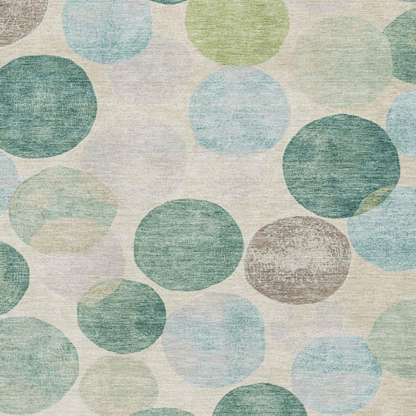 HomeRoots 8' Teal Green and Ivory Geometric Round Rug – Washable, UV-Protected, Non-Slip for High-Traffic Spaces 709225