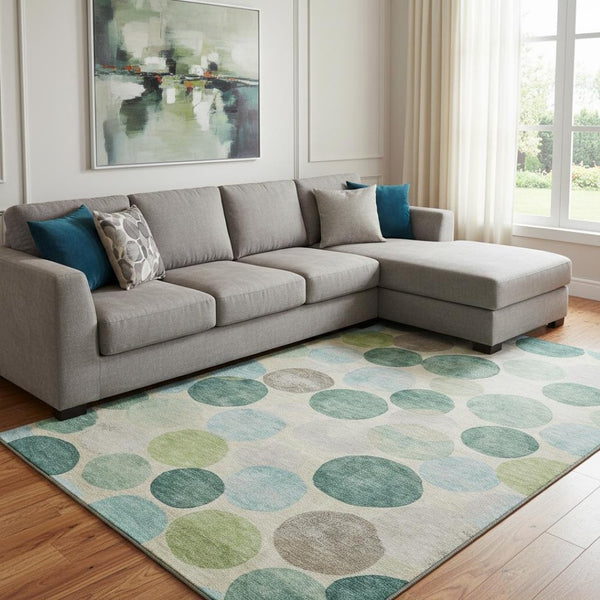 HomeRoots 9' X 12' Teal Green & Ivory Geometric Washable Area Rug - UV Protected, Stain Resistant, Durable Design 709227