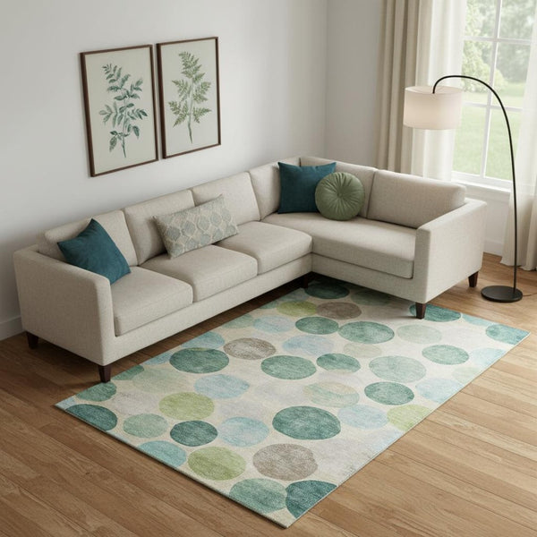 HomeRoots 10' X 14' Teal Green & Ivory Geometric Area Rug - Washable, UV Protected, Durable for Busy Homes 709228