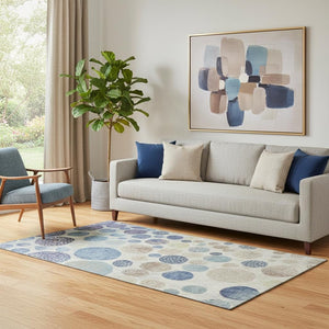 HomeRoots 8' Navy Blue Ivory Taupe Geometric Washable Rug - Durable, Stain-Resistant, UV Protected Design! 709231