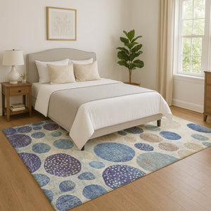 HomeRoots 8' Navy Blue Ivory Taupe Geometric Washable Rug - Durable, Stain-Resistant, UV Protected Design! 709231