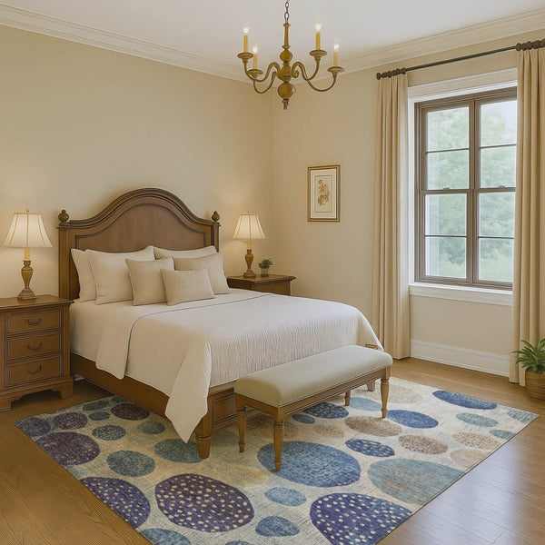 HomeRoots 8' Navy Blue Ivory Taupe Geometric Washable Rug - Durable, Stain-Resistant, UV Protected Design! 709231