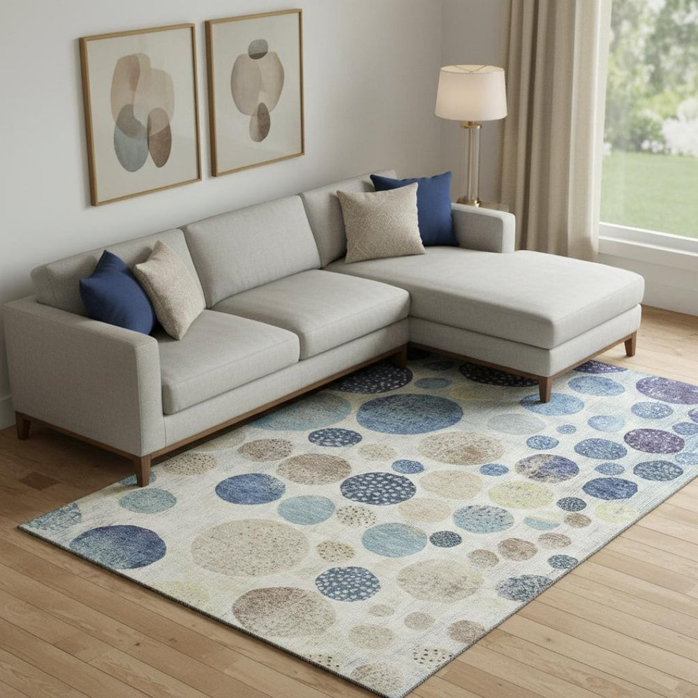 HomeRoots 10' Modern Geometric Washable Area Rug in Navy Blue, Ivory, and Taupe with UV Protection for Easy Care 709234