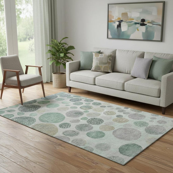 HomeRoots 8' Washable Sage Beige Tan Geometric Round Rug with UV Protection for Modern Homes & Easy Care 709237