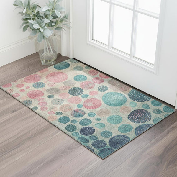 HomeRoots 5' X 8' Washable Geometric Area Rug in Teal, Pink & Beige - UV Protected, Stylish & Durable! 709242