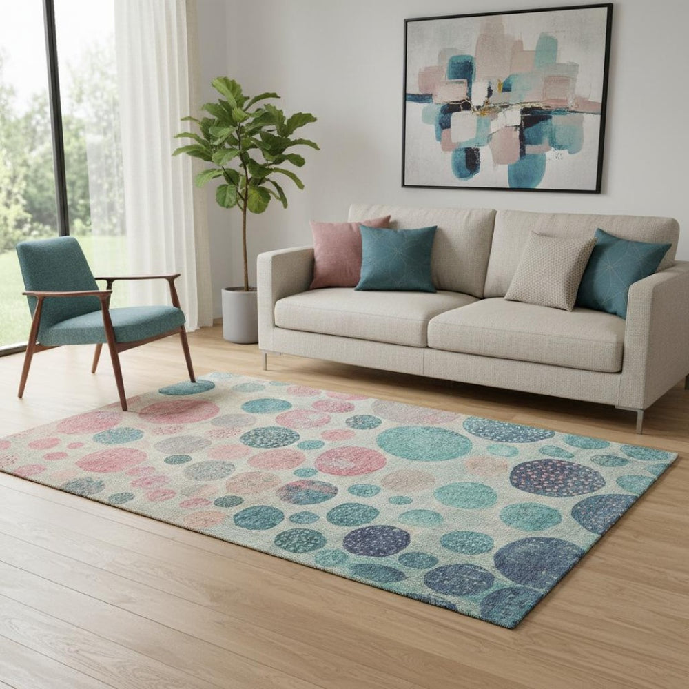 HomeRoots 8' Stylish Teal, Pink & Beige Geometric Round Rug - Washable, UV-Protected, Non-Slip, Durable Design 709243