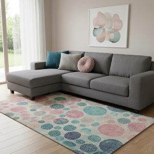 HomeRoots 9' X 12' Stylish Teal Pink Beige Area Rug - Washable, UV Protected, Durable, Perfect for Kids & Pets! 709245