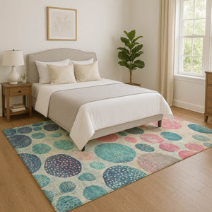 HomeRoots 9' X 12' Stylish Teal Pink Beige Area Rug - Washable, UV Protected, Durable, Perfect for Kids & Pets! 709245