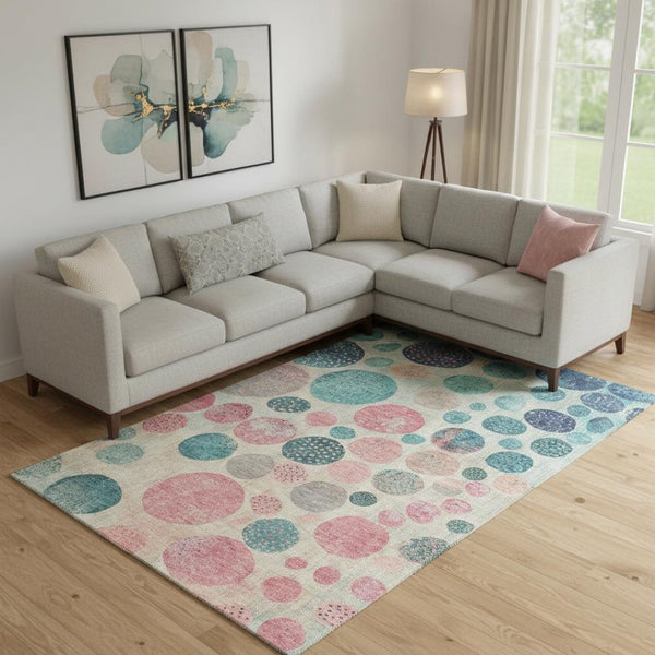 HomeRoots 10' X 14' Stylish Teal Pink & Beige Geometric Washable Area Rug with UV Protection for Modern Homes 709246