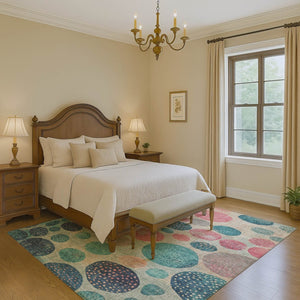 HomeRoots 10' X 14' Stylish Teal Pink & Beige Geometric Washable Area Rug with UV Protection for Modern Homes 709246