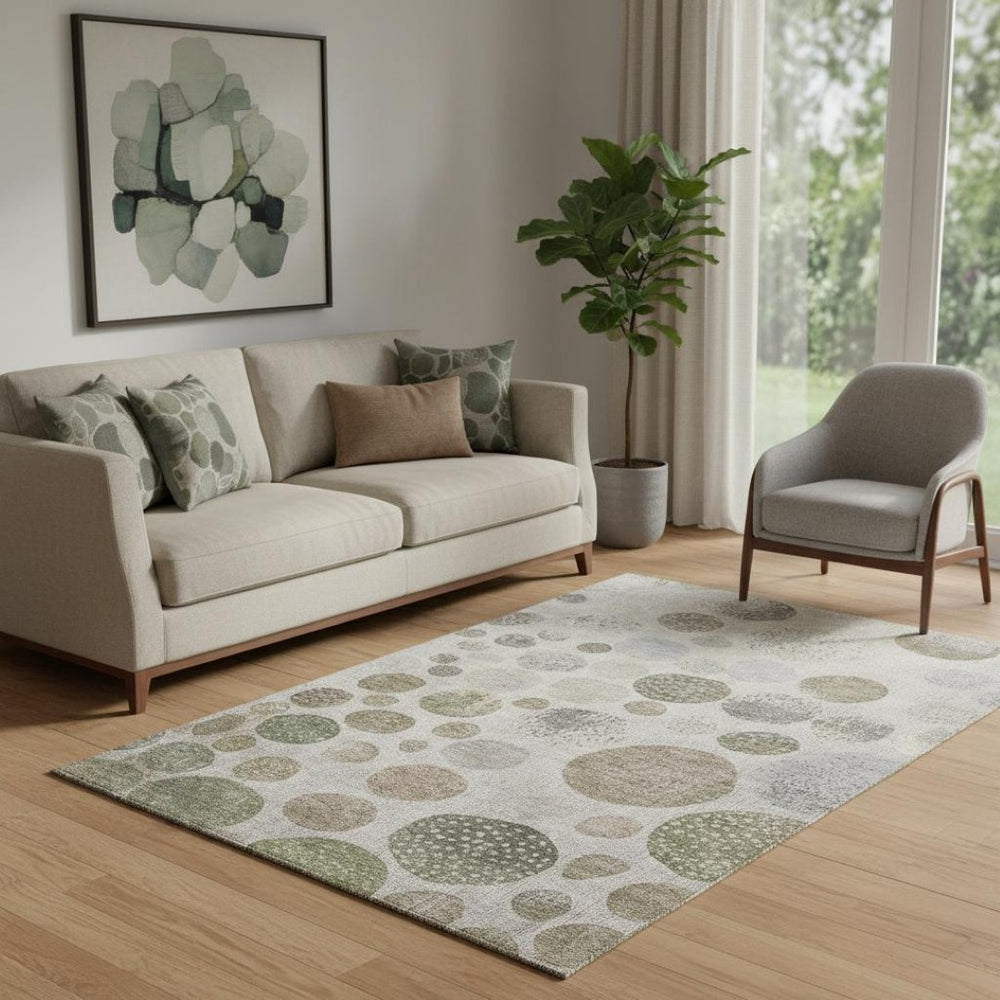 HomeRoots 8' Stylish Taupe Beige & Ivory Geometric Washable Round Rug with UV Protection for Easy Care 709249