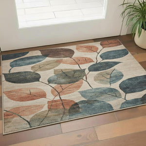 HomeRoots 5' X 8' Beige Copper Denim Blue Floral Rug - Washable, UV Protected, Stain Resistant for High Traffic Areas 709254