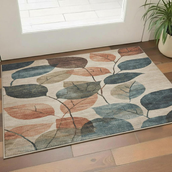 HomeRoots 5' X 8' Beige Copper Denim Blue Floral Rug - Washable, UV Protected, Stain Resistant for High Traffic Areas 709254