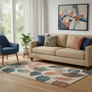 HomeRoots 8' Beige Copper & Denim Blue Floral Washable Round Rug - UV Protected, Durable & Stylish for Homes 709255