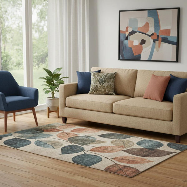 HomeRoots 8' Beige Copper & Denim Blue Floral Washable Round Rug - UV Protected, Durable & Stylish for Homes 709255