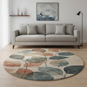 HomeRoots 8' X 10' Washable Beige Copper Denim Blue Floral Area Rug with UV Protection for High-Traffic Homes 709256