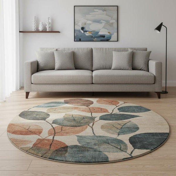 HomeRoots 8' X 10' Washable Beige Copper Denim Blue Floral Area Rug with UV Protection for High-Traffic Homes 709256