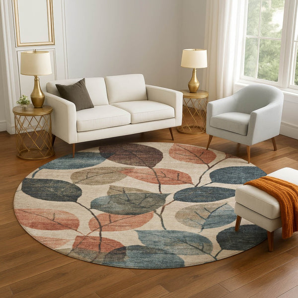 HomeRoots 8' X 10' Washable Beige Copper Denim Blue Floral Area Rug with UV Protection for High-Traffic Homes 709256