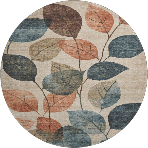 HomeRoots 8' X 10' Washable Beige Copper Denim Blue Floral Area Rug with UV Protection for High-Traffic Homes 709256
