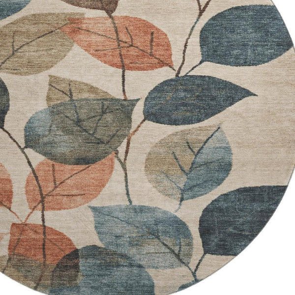 HomeRoots 8' X 10' Washable Beige Copper Denim Blue Floral Area Rug with UV Protection for High-Traffic Homes 709256