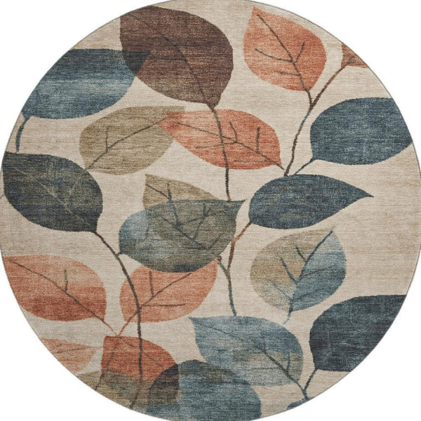 HomeRoots 8' X 10' Washable Beige Copper Denim Blue Floral Area Rug with UV Protection for High-Traffic Homes 709256