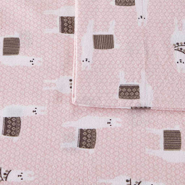JLA Home Intelligent Design - 100% Cotton Flannel Sheet Set – Ultra-Soft 135gsm Pigment Print for Warmth, Breathable Comfort & Lasting Color Pink Llamas ID20-1532