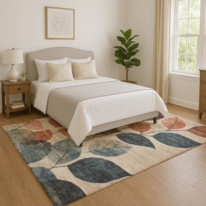 HomeRoots 9' Beige Copper & Denim Blue Floral Washable Area Rug - UV Protected, Non-Slip, Pet Friendly Design 709257