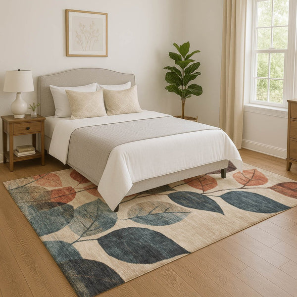 HomeRoots 9' Beige Copper & Denim Blue Floral Washable Area Rug - UV Protected, Non-Slip, Pet Friendly Design 709257