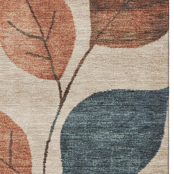 HomeRoots 10' X 14' Washable Floral Area Rug in Beige, Copper & Denim Blue – UV Protected for Durability! 709258