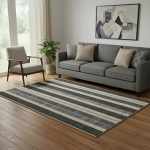 HomeRoots 8' Stylish Black, Ivory & Gray Striped Washable Round Rug with UV Protection for High-Traffic Areas 709261