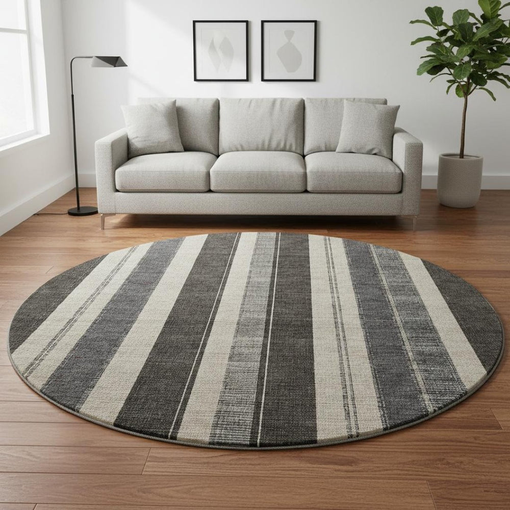 HomeRoots 8' X 10' Washable Black, Ivory & Gray Striped Area Rug with UV Protection for Busy Homes & Pets 709262