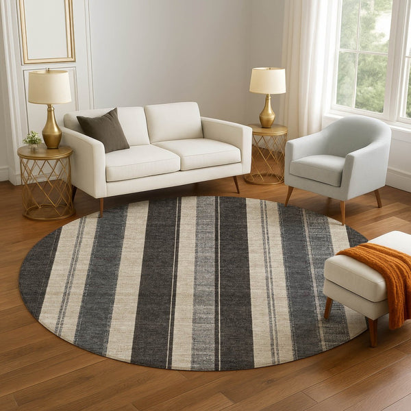 HomeRoots 8' X 10' Washable Black, Ivory & Gray Striped Area Rug with UV Protection for Busy Homes & Pets 709262