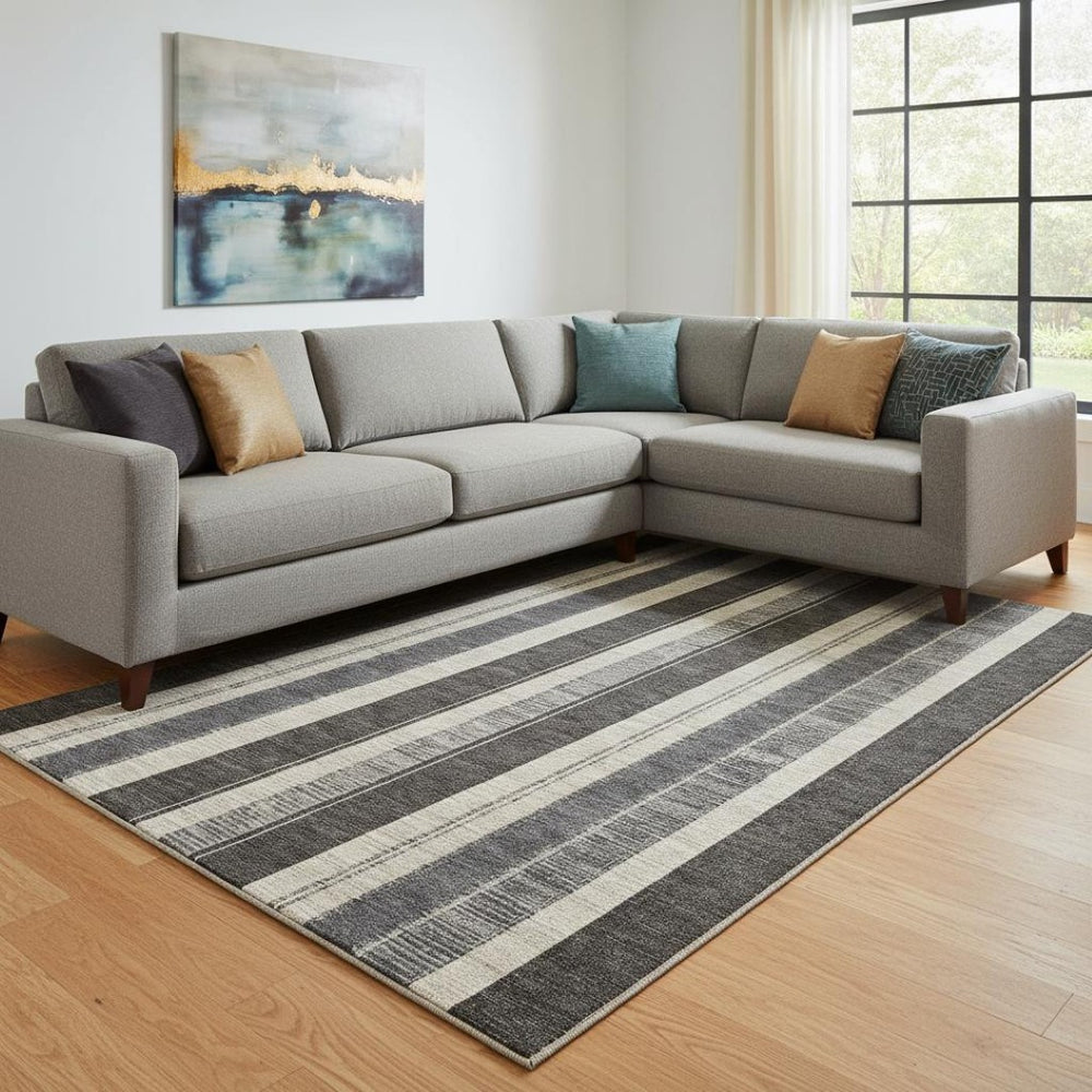 HomeRoots 9' X 12' Stylish Black, Ivory & Gray Striped Washable Area Rug with UV Protection for Busy Homes 709263
