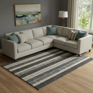 HomeRoots 10' X 14' Black Ivory Gray Striped Washable Area Rug – UV Protected, Stain-Resistant & Durable Design 709264