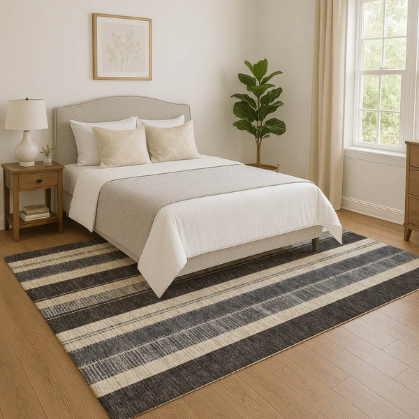 HomeRoots 10' X 14' Black Ivory Gray Striped Washable Area Rug – UV Protected, Stain-Resistant & Durable Design 709264