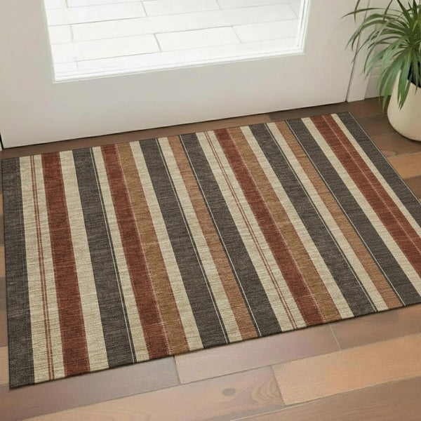 HomeRoots 5' X 8' Chocolate Rust And Beige Striped Rug - Washable, Stain Resistant, UV Protected for Homes 709266