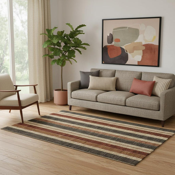HomeRoots 8' Washable Round Rug in Chocolate, Rust & Beige Stripes – UV Protected, Stain-Resistant & Durable 709267